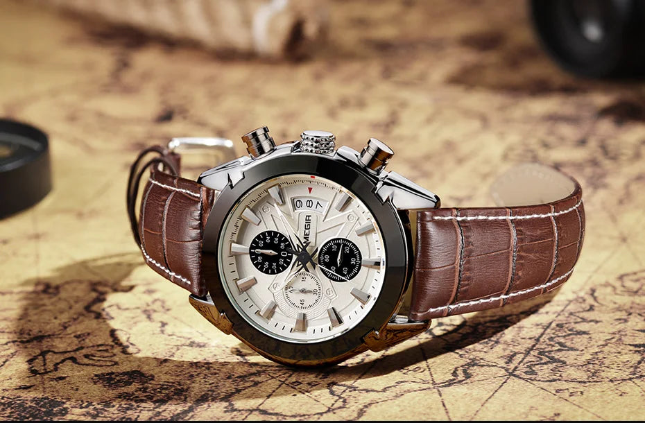 MEGIR Men’s Waterproof Leather Chronograph Watch