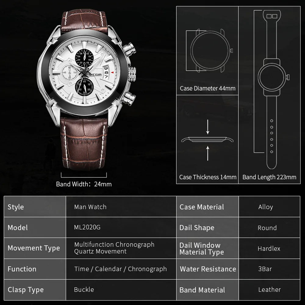 MEGIR Men’s Waterproof Leather Chronograph Watch
