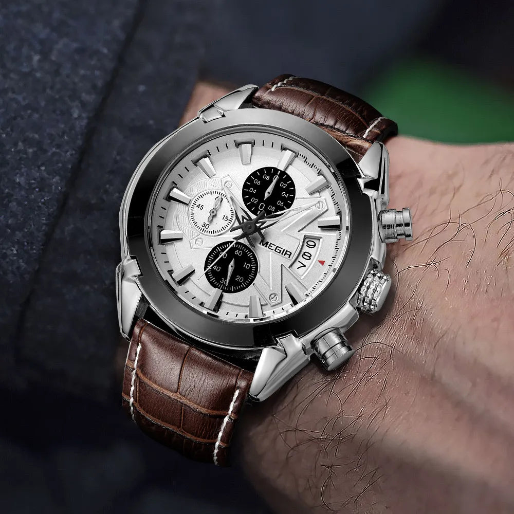 MEGIR Men’s Waterproof Leather Chronograph Watch