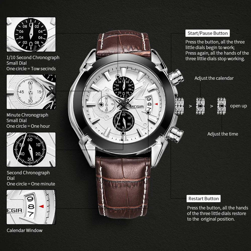 MEGIR Men’s Waterproof Leather Chronograph Watch