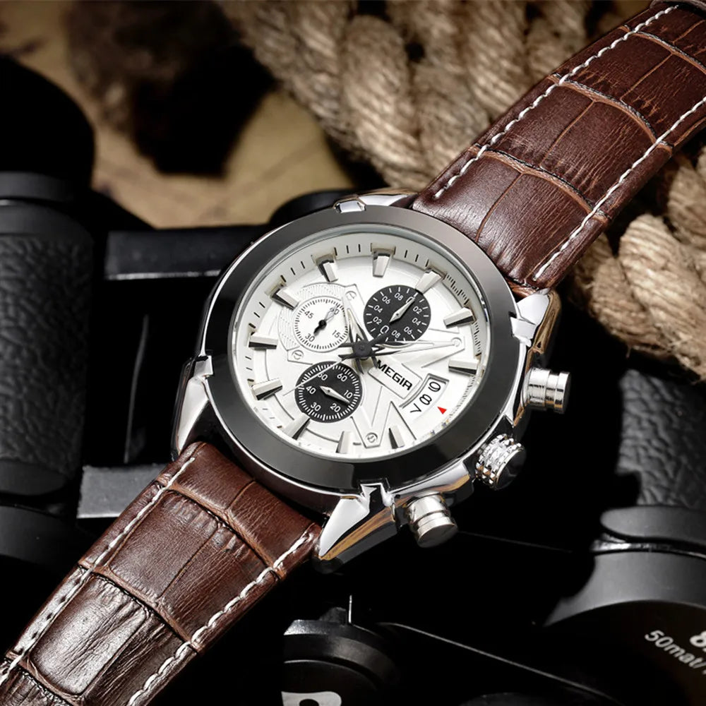 MEGIR Men’s Waterproof Leather Chronograph Watch