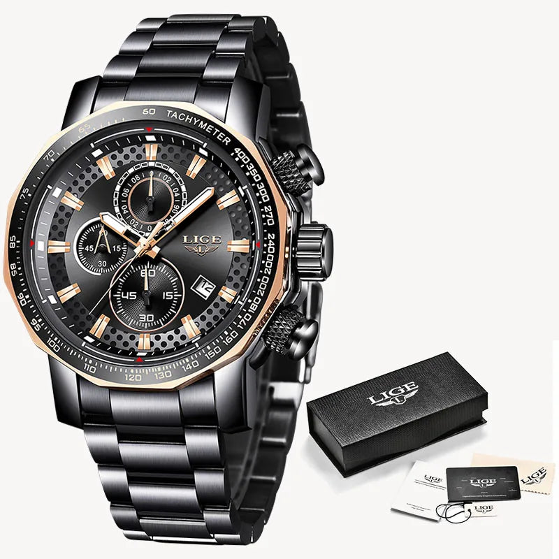 LIGE Men's Sport Chronograph Watch – Luxury Full Steel Waterproof Timepiece