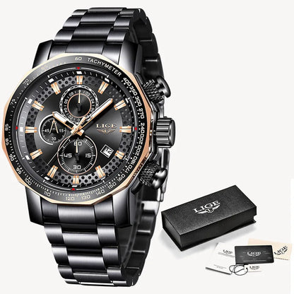 LIGE Men's Sport Chronograph Watch – Luxury Full Steel Waterproof Timepiece