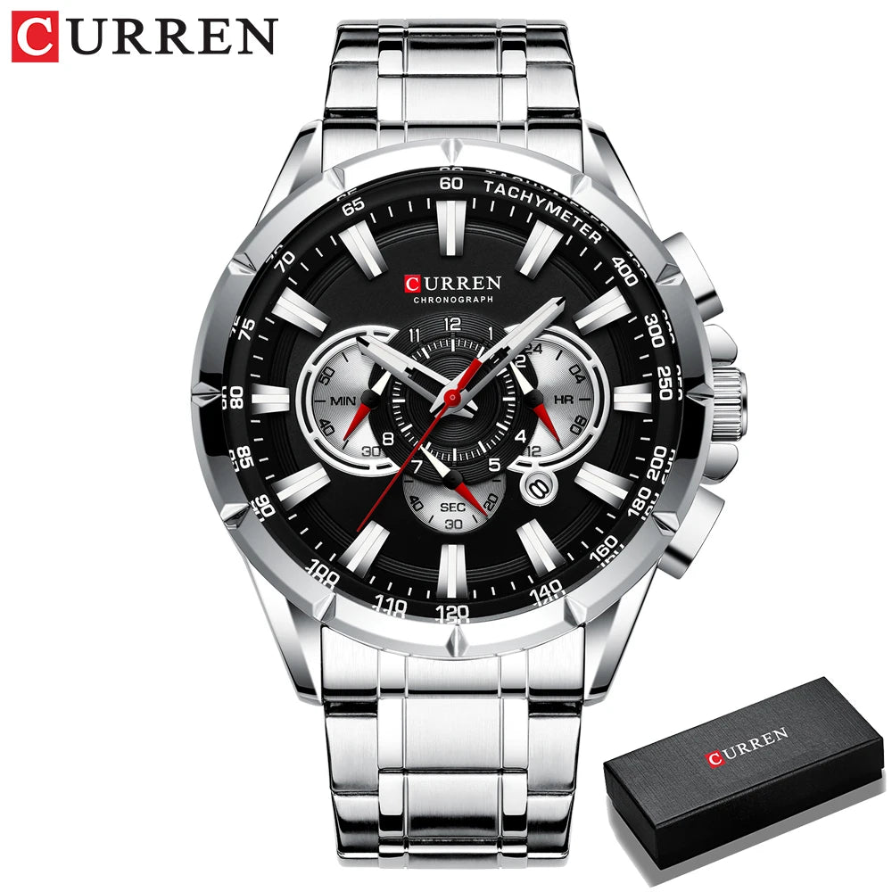 CURREN Relógio Masculino Cronógrafo Esportivo Quartzo Luxo Inox Ponteiros Luminosos