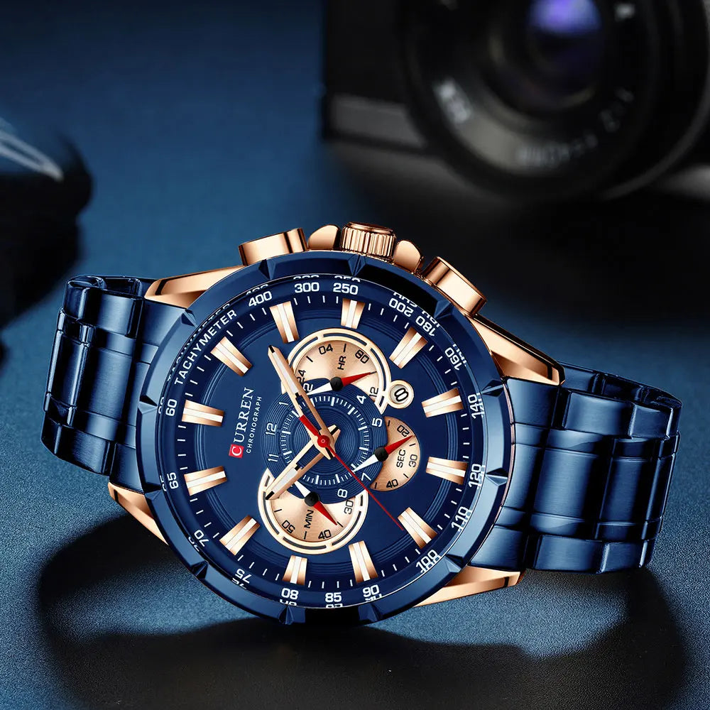 CURREN Relógio Masculino Cronógrafo Esportivo Quartzo Luxo Inox Ponteiros Luminosos