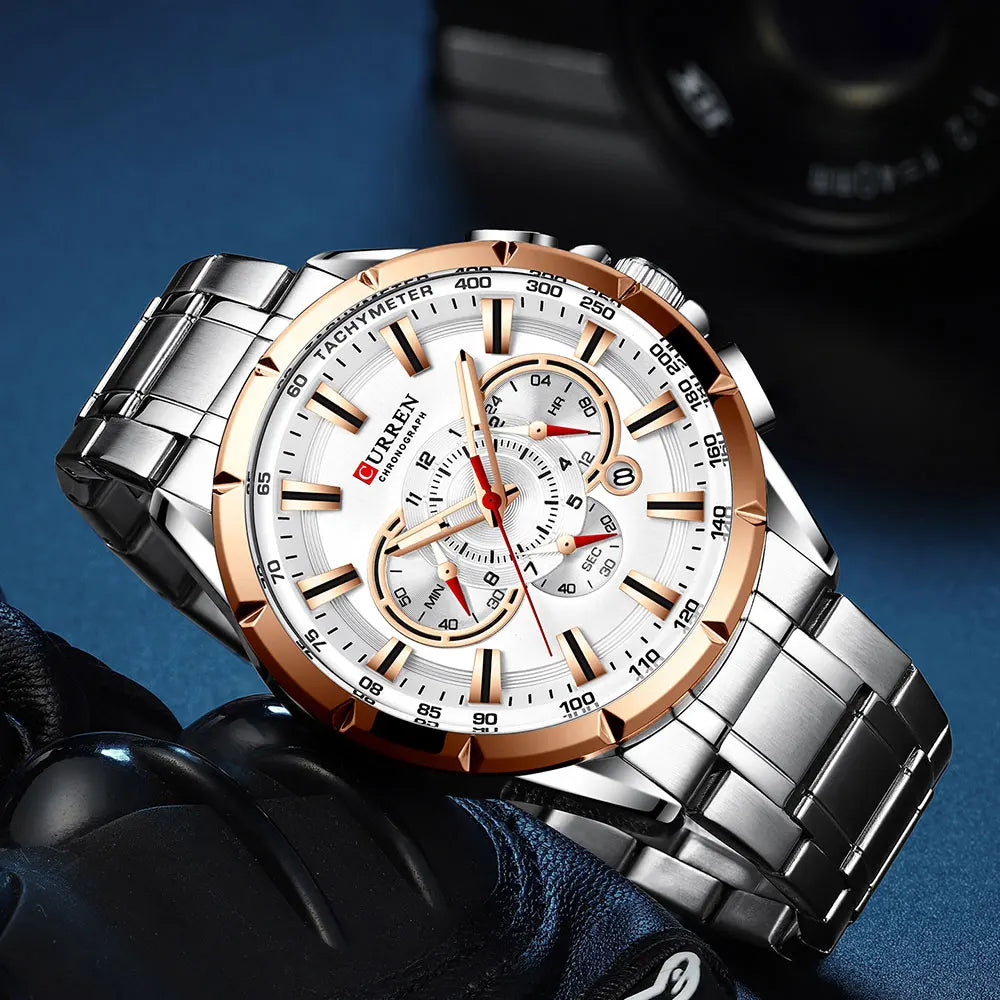 CURREN Relógio Masculino Cronógrafo Esportivo Quartzo Luxo Inox Ponteiros Luminosos