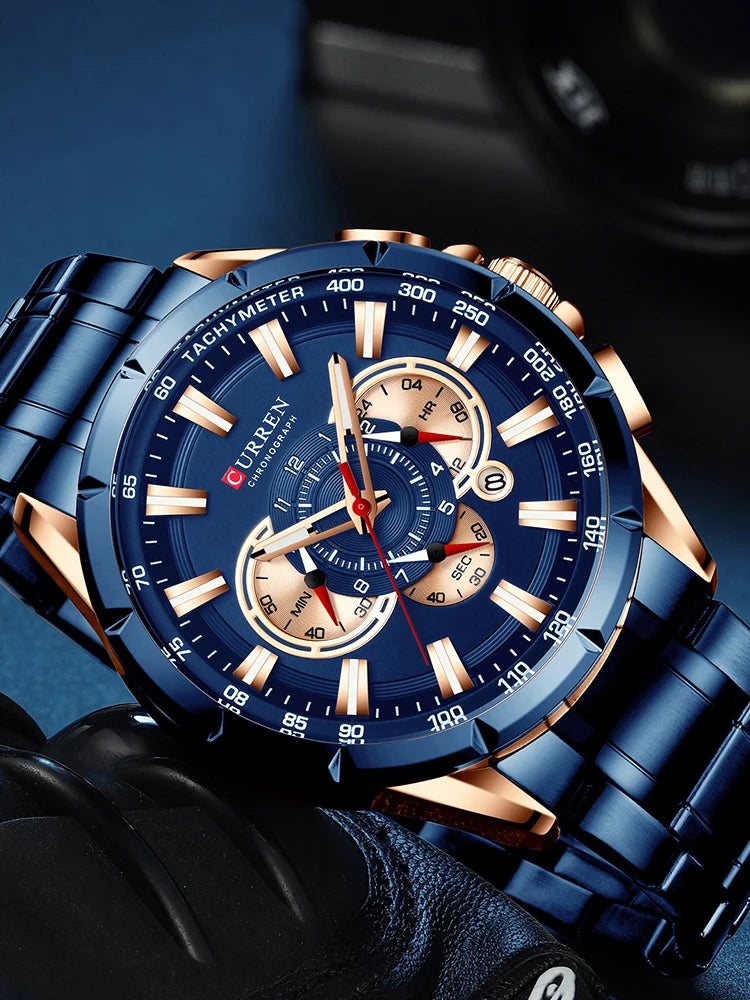 CURREN Relógio Masculino Cronógrafo Esportivo Quartzo Luxo Inox Ponteiros Luminosos