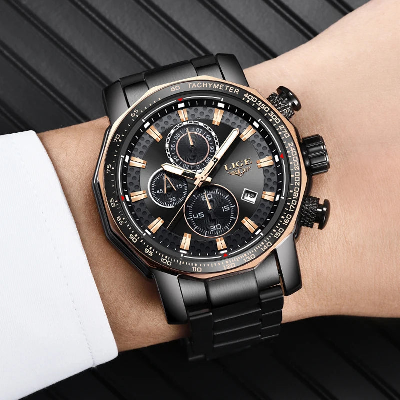 LIGE Men's Sport Chronograph Watch – Luxury Full Steel Waterproof Timepiece