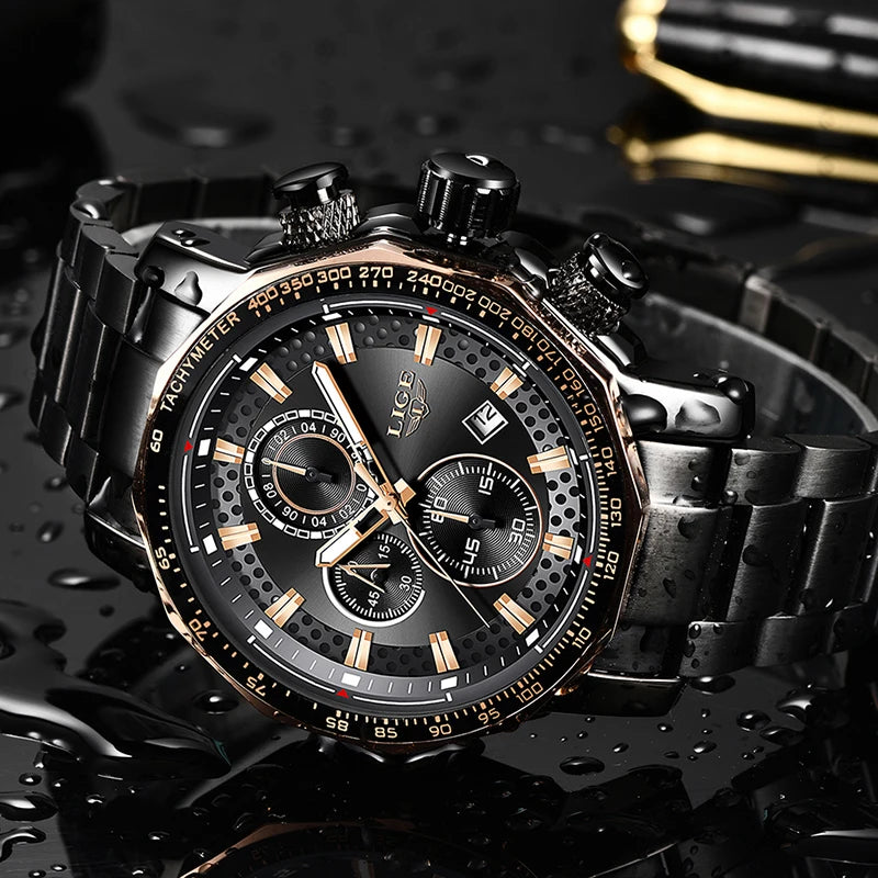 LIGE Men's Sport Chronograph Watch – Luxury Full Steel Waterproof Timepiece