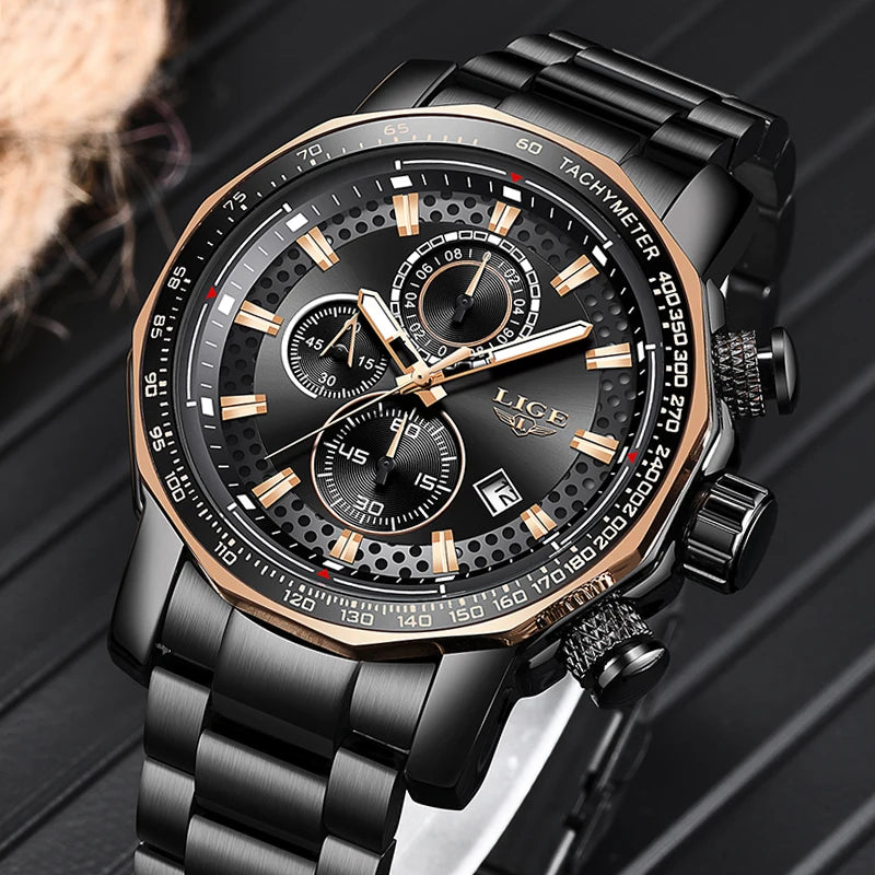 LIGE Men's Sport Chronograph Watch – Luxury Full Steel Waterproof Timepiece