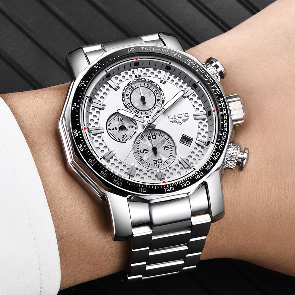 LIGE Men's Sport Chronograph Watch – Luxury Full Steel Waterproof Timepiece