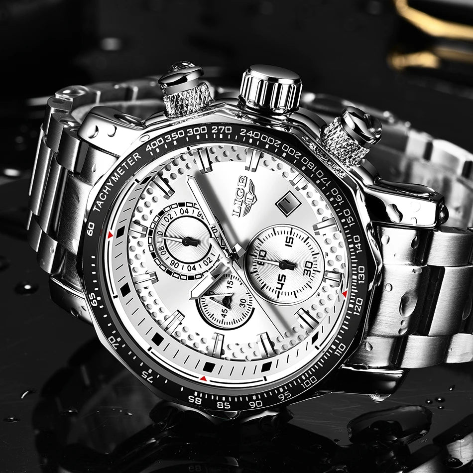 LIGE Men's Sport Chronograph Watch – Luxury Full Steel Waterproof Timepiece