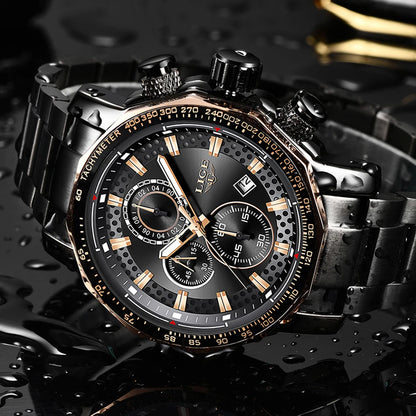 LIGE Men's Sport Chronograph Watch – Luxury Full Steel Waterproof Timepiece