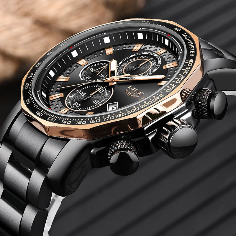LIGE Men's Sport Chronograph Watch – Luxury Full Steel Waterproof Timepiece