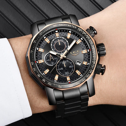 LIGE Men's Sport Chronograph Watch – Luxury Full Steel Waterproof Timepiece