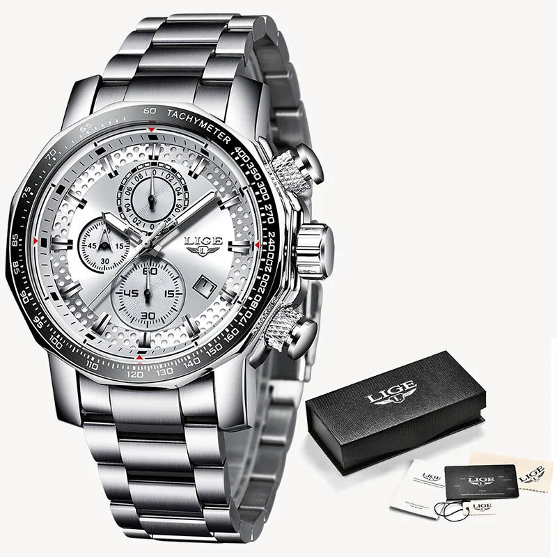 LIGE Men's Sport Chronograph Watch – Luxury Full Steel Waterproof Timepiece