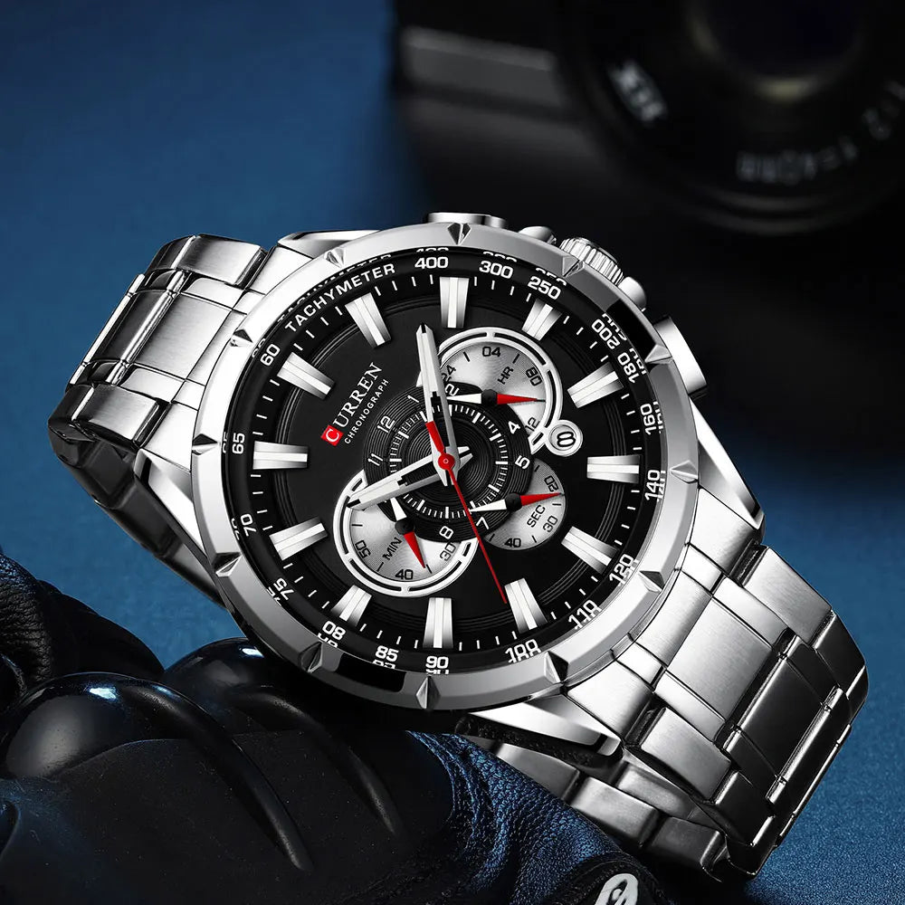 CURREN Relógio Masculino Cronógrafo Esportivo Quartzo Luxo Inox Ponteiros Luminosos