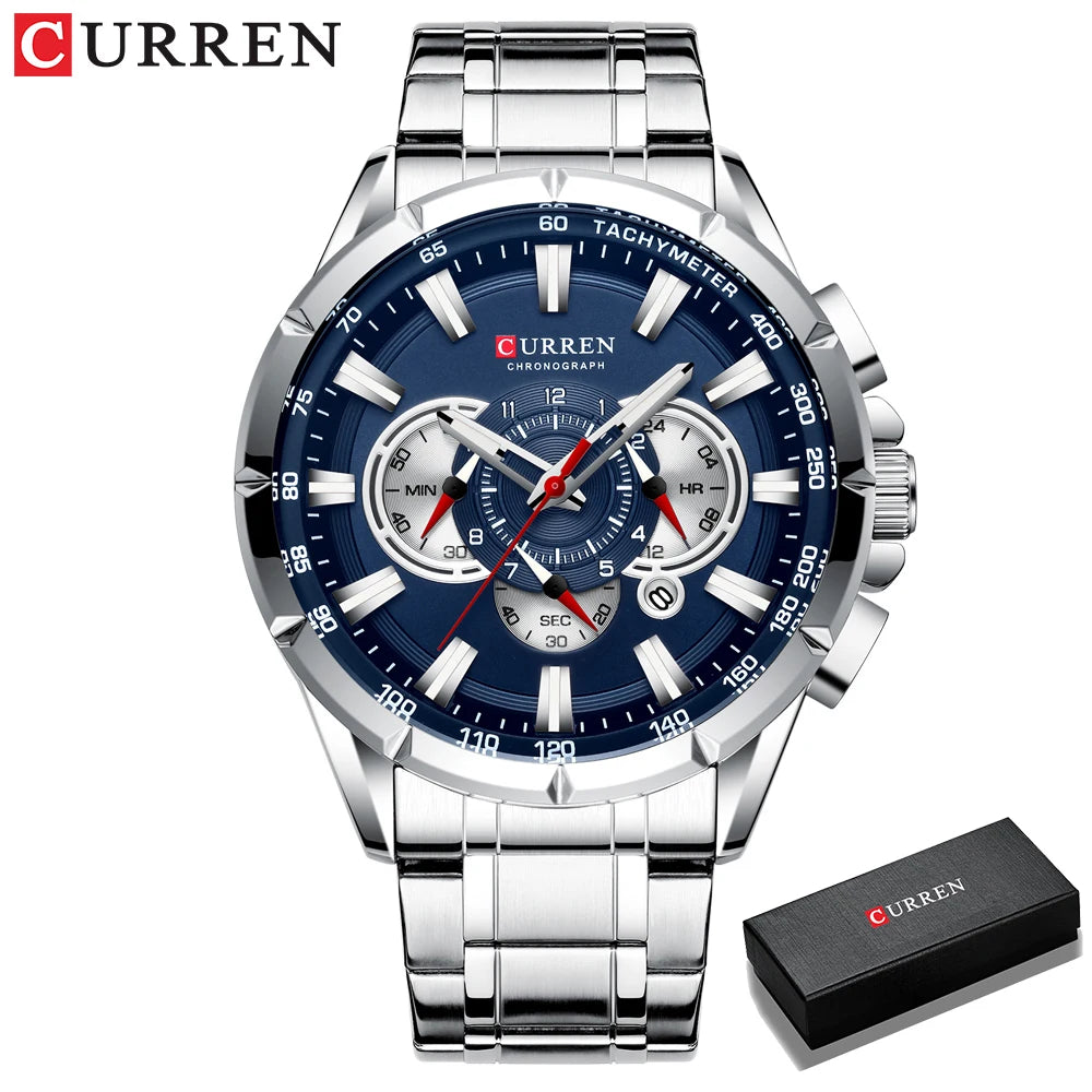 CURREN Relógio Masculino Cronógrafo Esportivo Quartzo Luxo Inox Ponteiros Luminosos