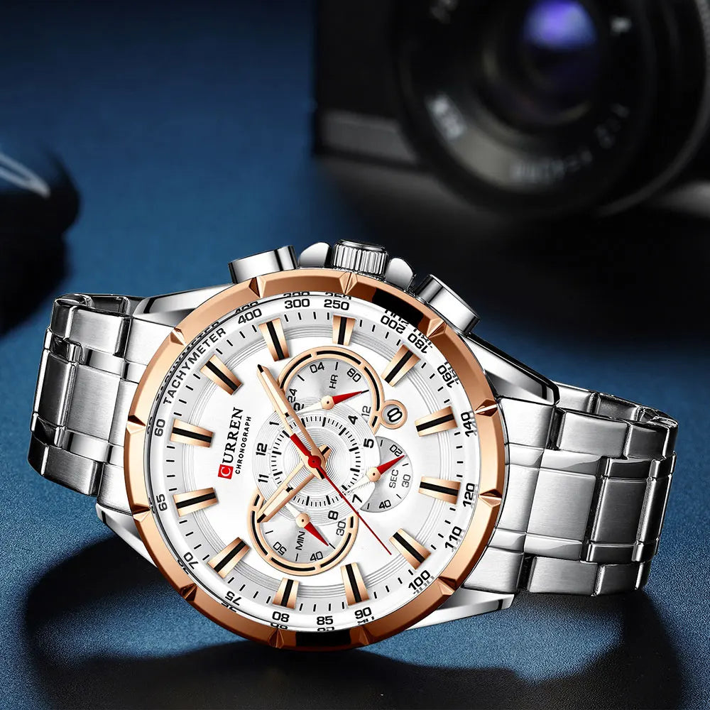 CURREN Relógio Masculino Cronógrafo Esportivo Quartzo Luxo Inox Ponteiros Luminosos