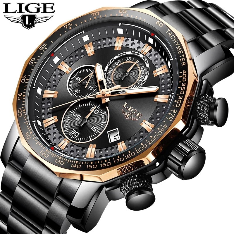 LIGE Men's Sport Chronograph Watch – Luxury Full Steel Waterproof Timepiece