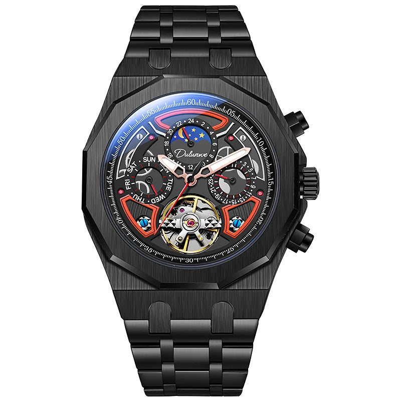 Men’s Luxury Tourbillon Watch – Rubber Strap, Moon Phase, Automatic