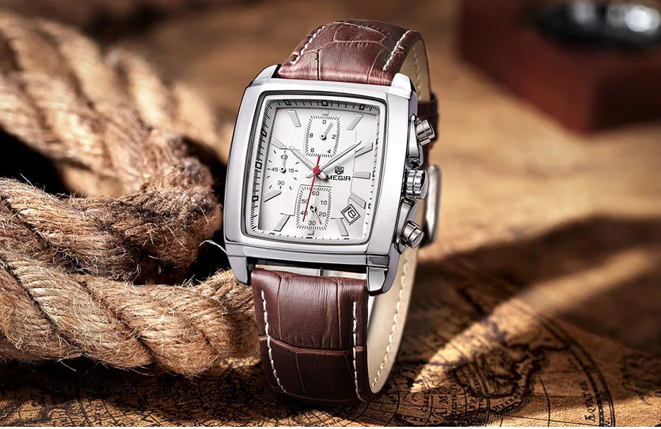 Megir Men's Blue Chronograph Watch – Leather Strap, Casual Quartz