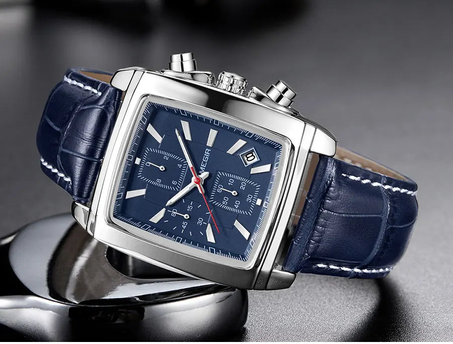 Megir Men's Blue Chronograph Watch – Leather Strap, Casual Quartz