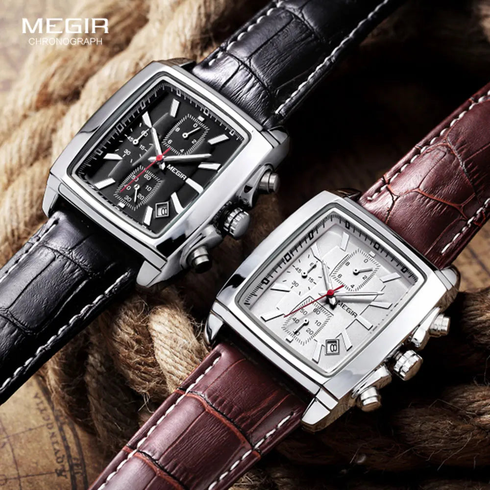 Megir Men's Blue Chronograph Watch – Leather Strap, Casual Quartz
