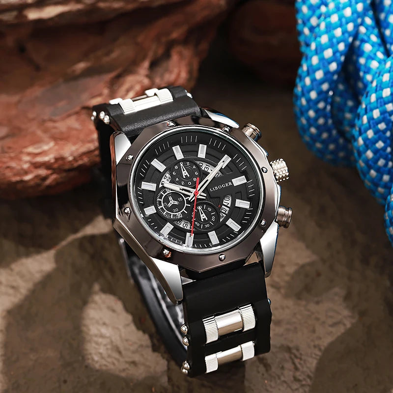 Luxury Sports Quartz Watch for Men – Big Dial, Auto Date & Silicone Strap