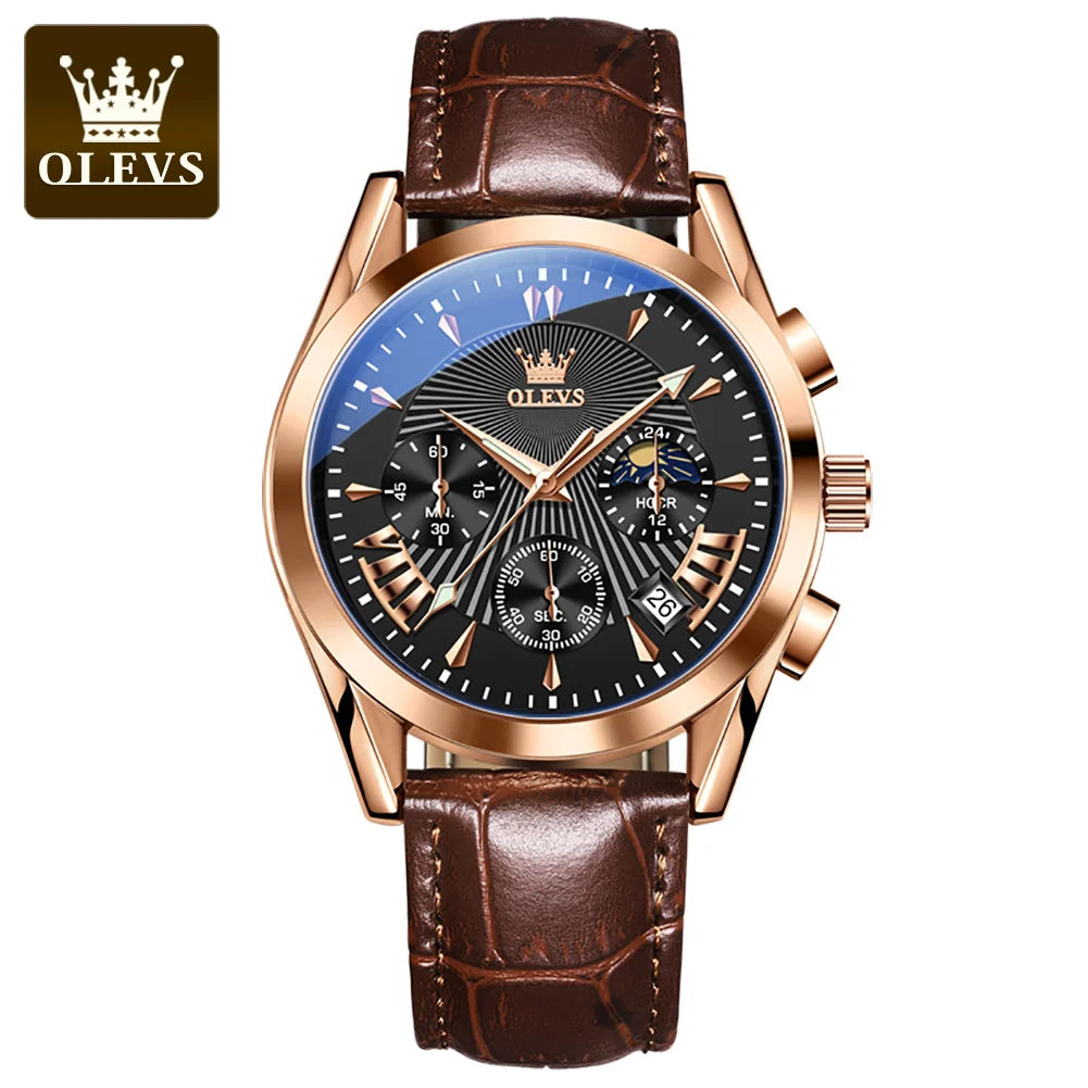 OLEVS Luxury Men's Quartz Watch – Waterproof, Leather Strap, High Quality