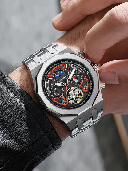 Men’s Luxury Tourbillon Watch – Rubber Strap, Moon Phase, Automatic