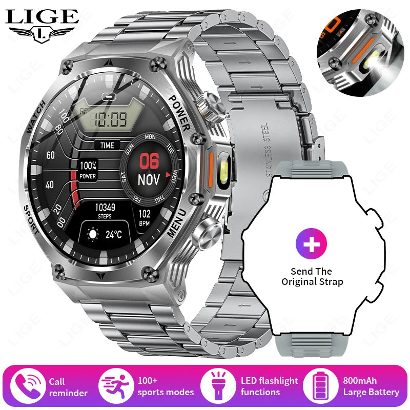 LIGE 2025 Men's Smartwatch – 1.8" Display, LED Flashlight, BT Calling, 800mAh Battery