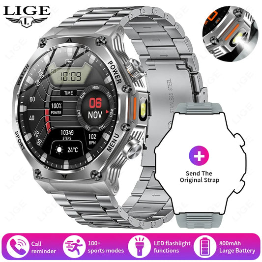 LIGE 2025 Men's Smartwatch – 1.8" Display, LED Flashlight, BT Calling, 800mAh Battery