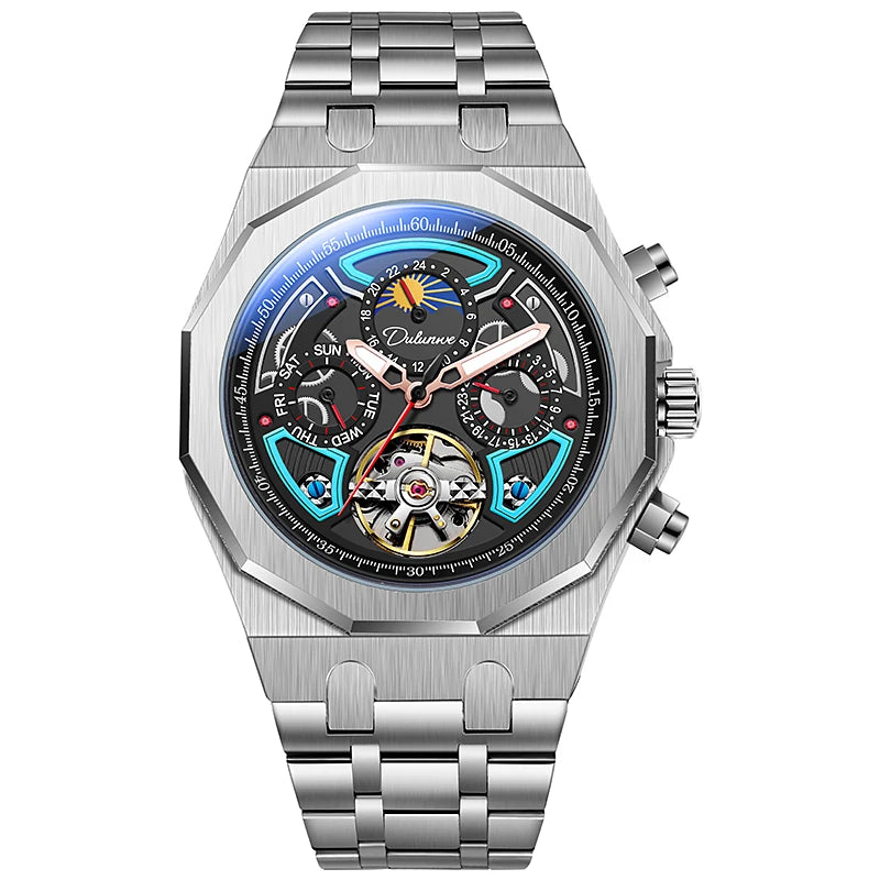 Men’s Luxury Tourbillon Watch – Rubber Strap, Moon Phase, Automatic