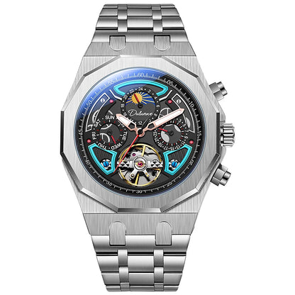 Men’s Luxury Tourbillon Watch – Rubber Strap, Moon Phase, Automatic