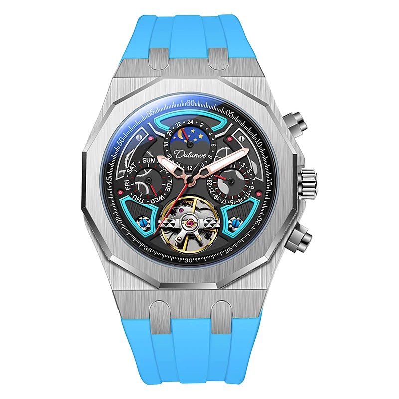 Men’s Luxury Tourbillon Watch – Rubber Strap, Moon Phase, Automatic