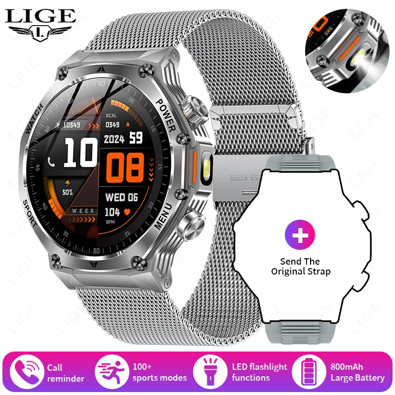 LIGE 2025 Men's Smartwatch – 1.8" Display, LED Flashlight, BT Calling, 800mAh Battery