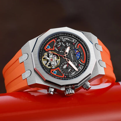 Men’s Luxury Tourbillon Watch – Rubber Strap, Moon Phase, Automatic