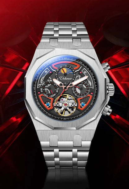 Men’s Luxury Tourbillon Watch – Rubber Strap, Moon Phase, Automatic