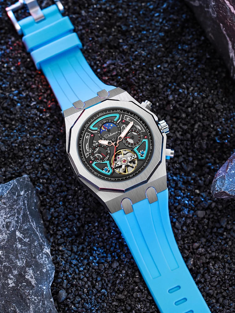 Men’s Luxury Tourbillon Watch – Rubber Strap, Moon Phase, Automatic