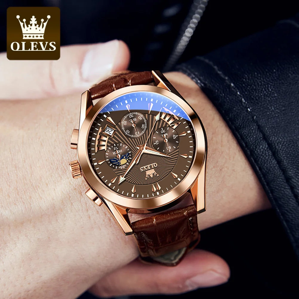 OLEVS Luxury Men's Quartz Watch – Waterproof, Leather Strap, High Quality