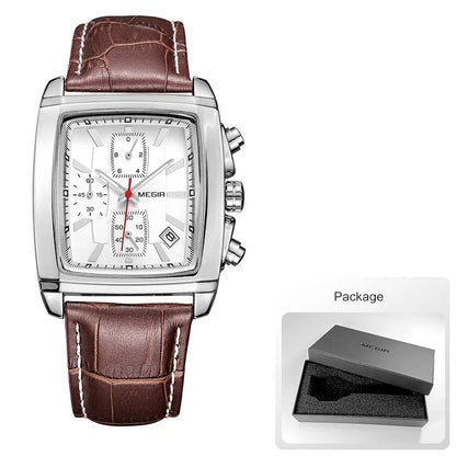 Megir Men's Blue Chronograph Watch – Leather Strap, Casual Quartz