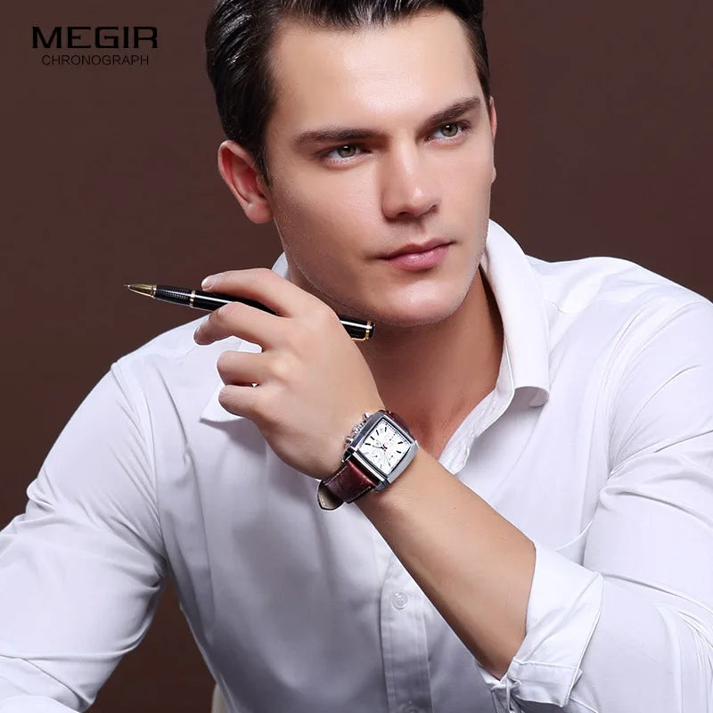 Megir Men's Blue Chronograph Watch – Leather Strap, Casual Quartz