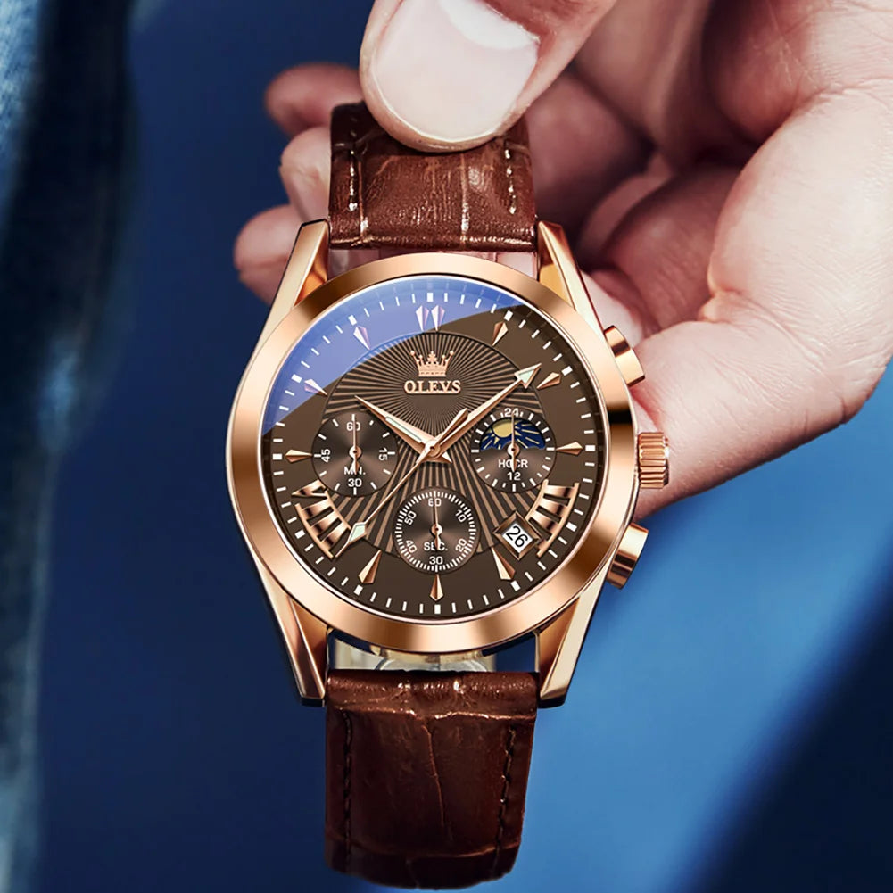 OLEVS Luxury Men's Quartz Watch – Waterproof, Leather Strap, High Quality