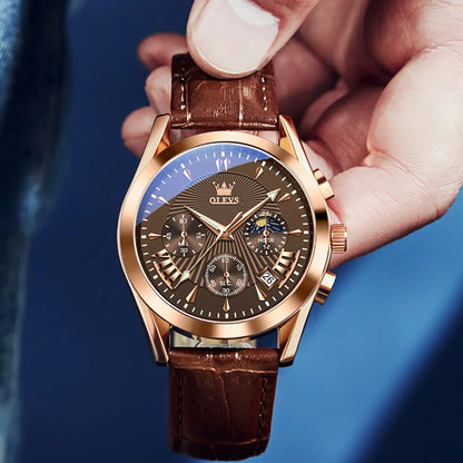 OLEVS Luxury Men's Quartz Watch – Waterproof, Leather Strap, High Quality