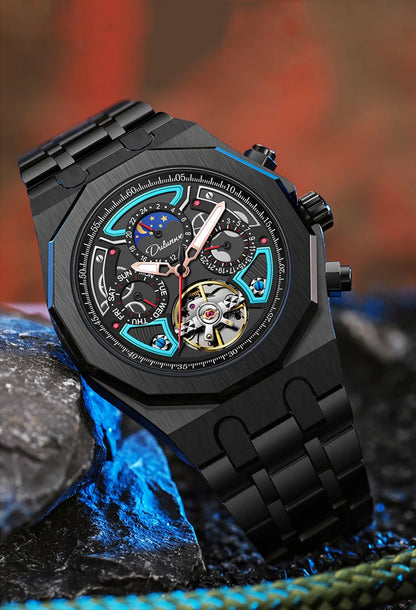 Men’s Luxury Tourbillon Watch – Rubber Strap, Moon Phase, Automatic