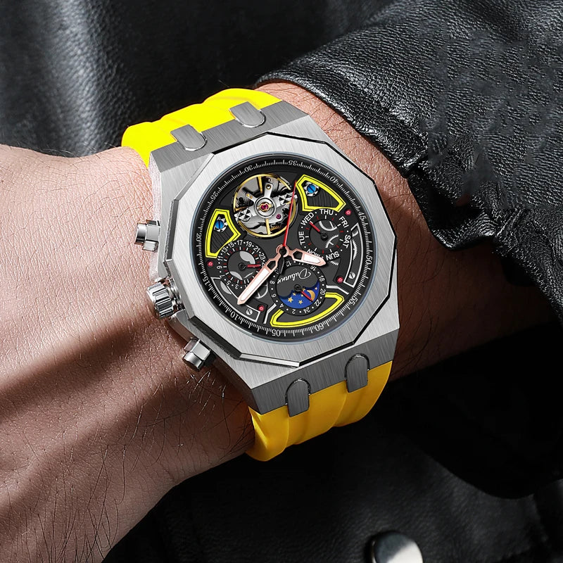 Men’s Luxury Tourbillon Watch – Rubber Strap, Moon Phase, Automatic