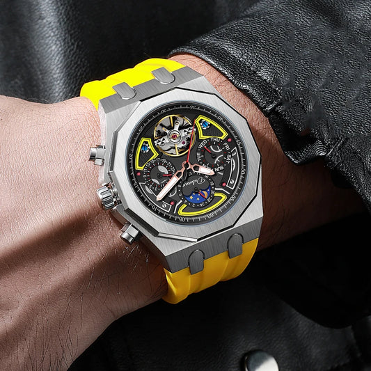 Men’s Luxury Tourbillon Watch – Rubber Strap, Moon Phase, Automatic