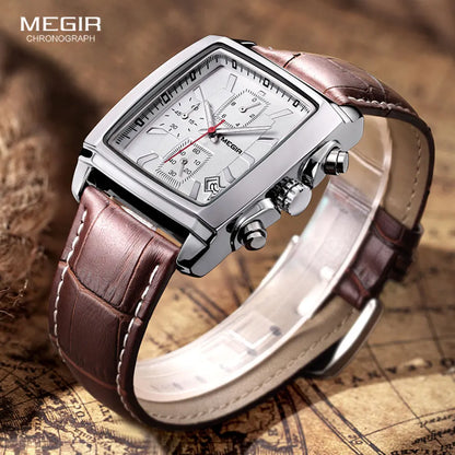 Megir Men's Blue Chronograph Watch – Leather Strap, Casual Quartz