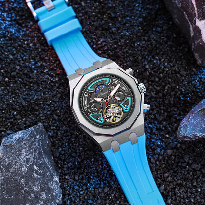 Men’s Luxury Tourbillon Watch – Rubber Strap, Moon Phase, Automatic